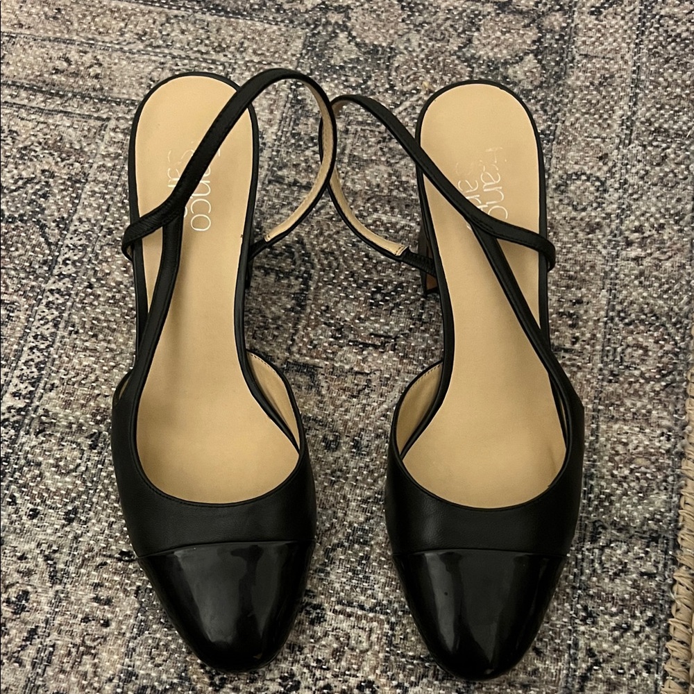 Franco Sarto Black Slingback Patent Cap-Toe Heels